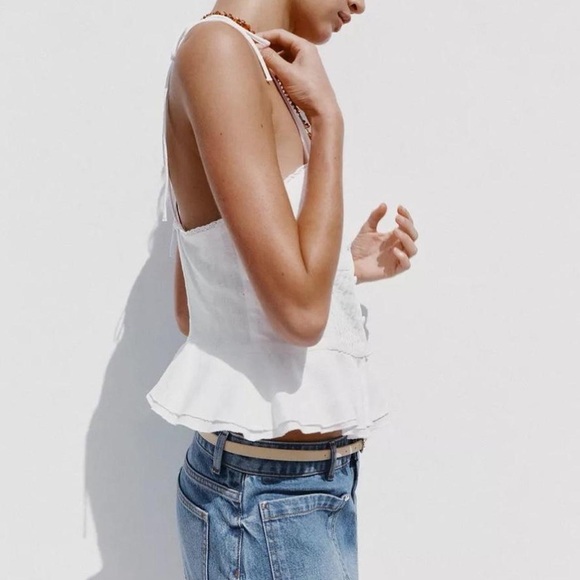 NWT Zara Linen Tie Strap Lace Corset Tank Top in White - M - Picture 6 of 7